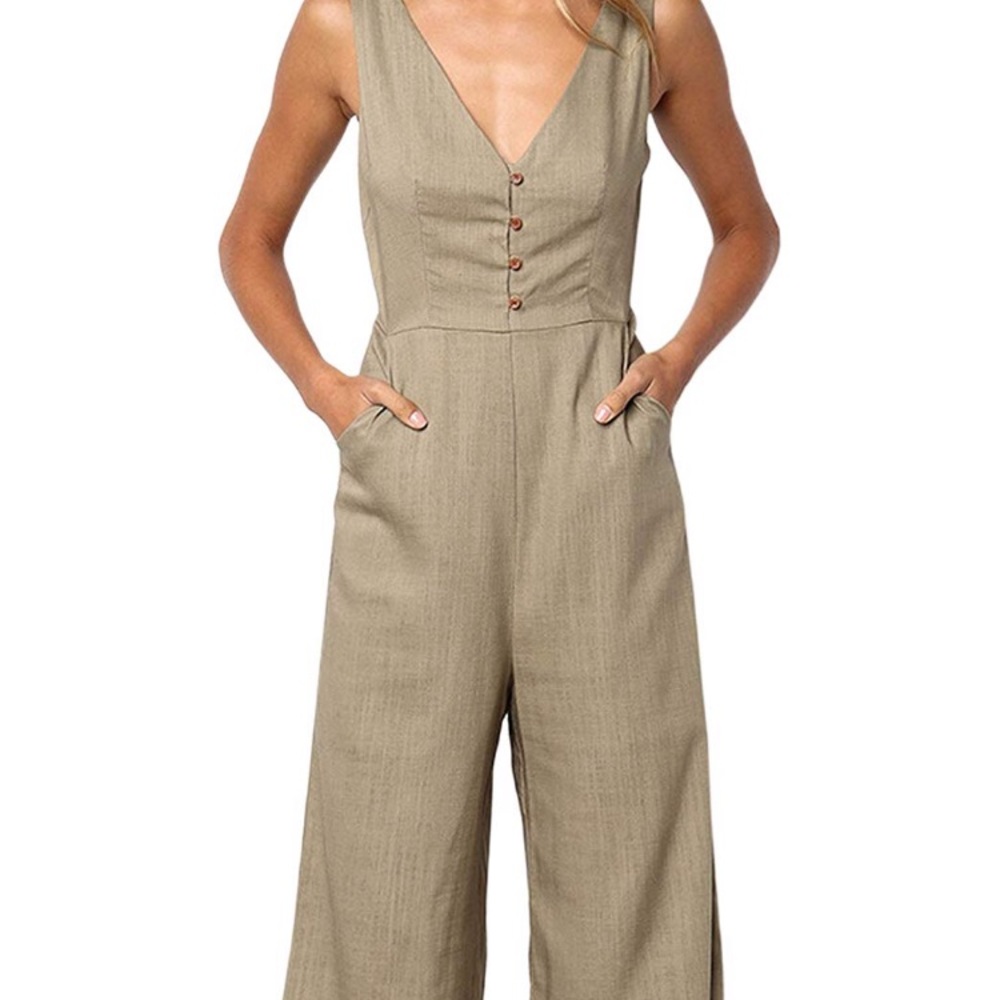 Jumpsuit Casual Button Deep V Neck Sleeveless - Picture 2 of 7